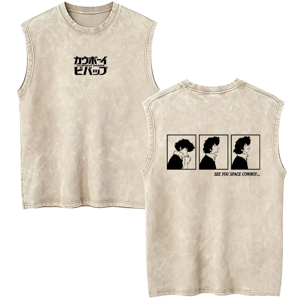 Anime Cowboy Bebop Vintage Washed Tank Tops Manga Spike Spiegel See You Space Cowboy T-shirt Men Women Fashion Sleeveless Vest