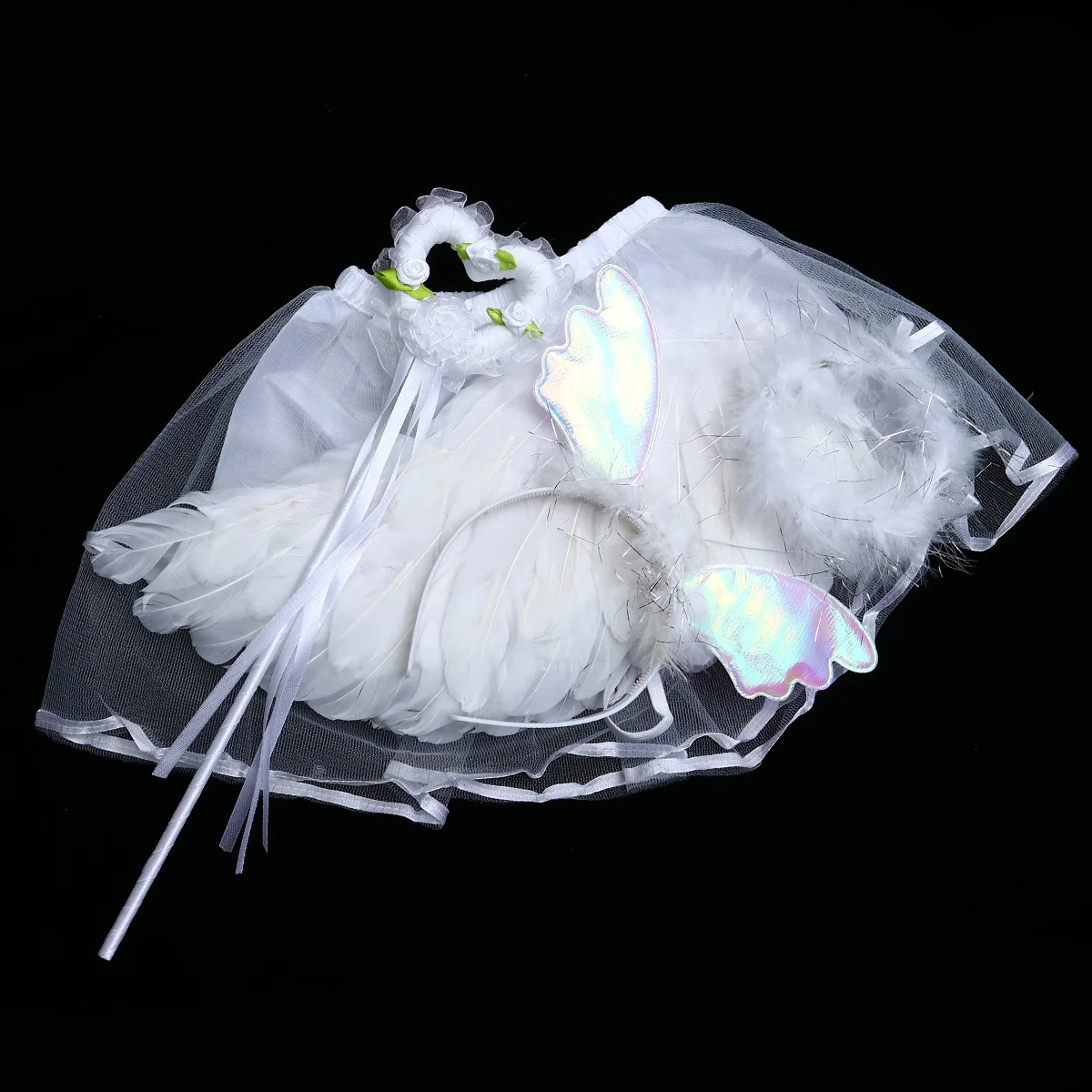 Ensemble d'ailes d'ange pour Costume de fée, 4 pièces, avec jupe Tutu, pince à cheveux, baguette, tenue de spectacle de fête, vacances