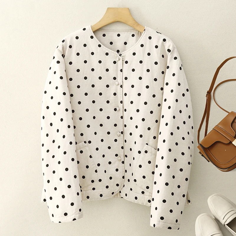 

Retro Polka Dot Cotton Linen Jaet Women's Autumn Winter Warmth Loose Lazy Sle Cotton Coat Long Sve round Ne Button up