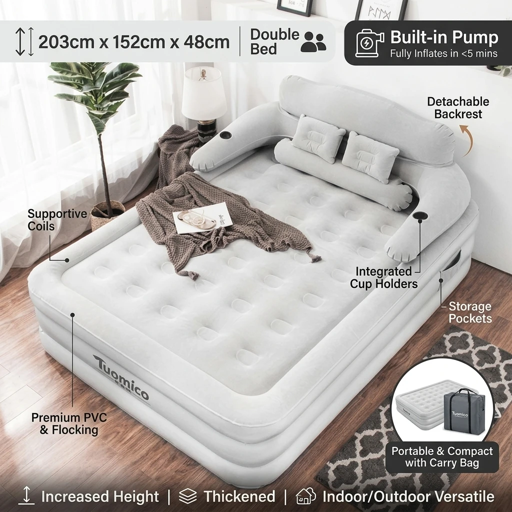 Letto gonfiabile automatico 203cmx152cmx48cm, materassino ad aria per campeggio, tenda, materasso con schienale rimovibile, letto matrimoniale portati