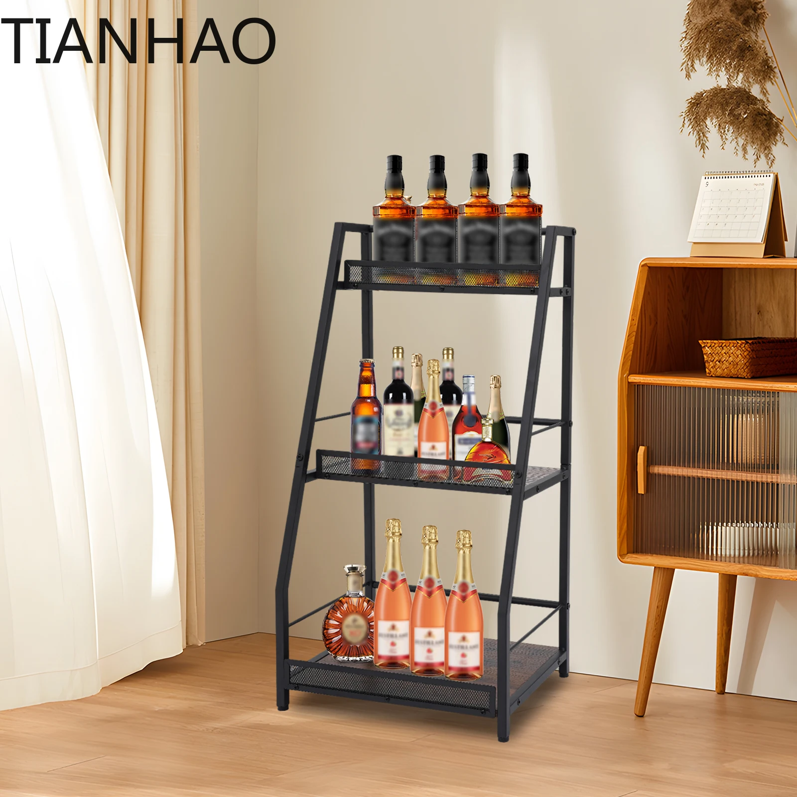 Freestanding Corner Liquor Bottle Display Shelf with Fences 3-Tier Wine Rack with Adjustable Feet for Bar Kitchen Living Room
