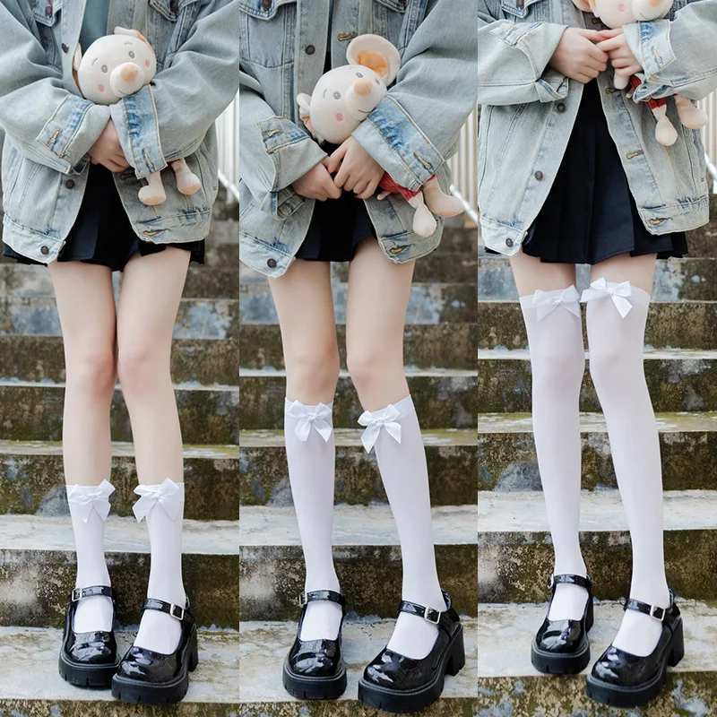 Women's Socks Velvet Thin Bow JK Style College Style Socks Solidcolor Mid-Calf Length Knee Socks