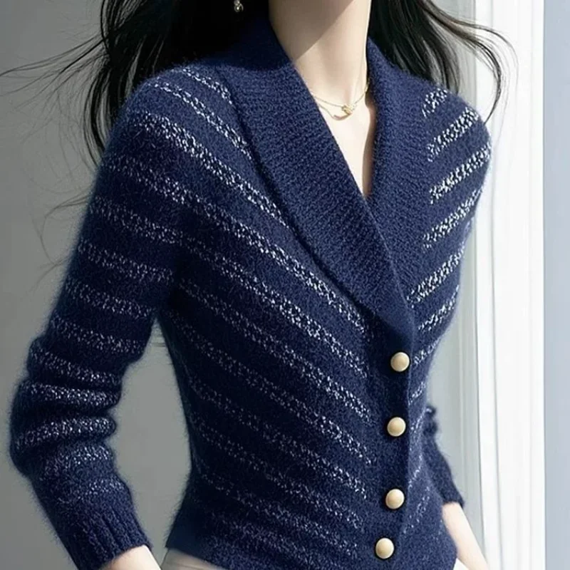 

Striped Knitted Cardigan Women's New Autumn Winter New Small Fragrance Jacket Temperament Versatile Sweater