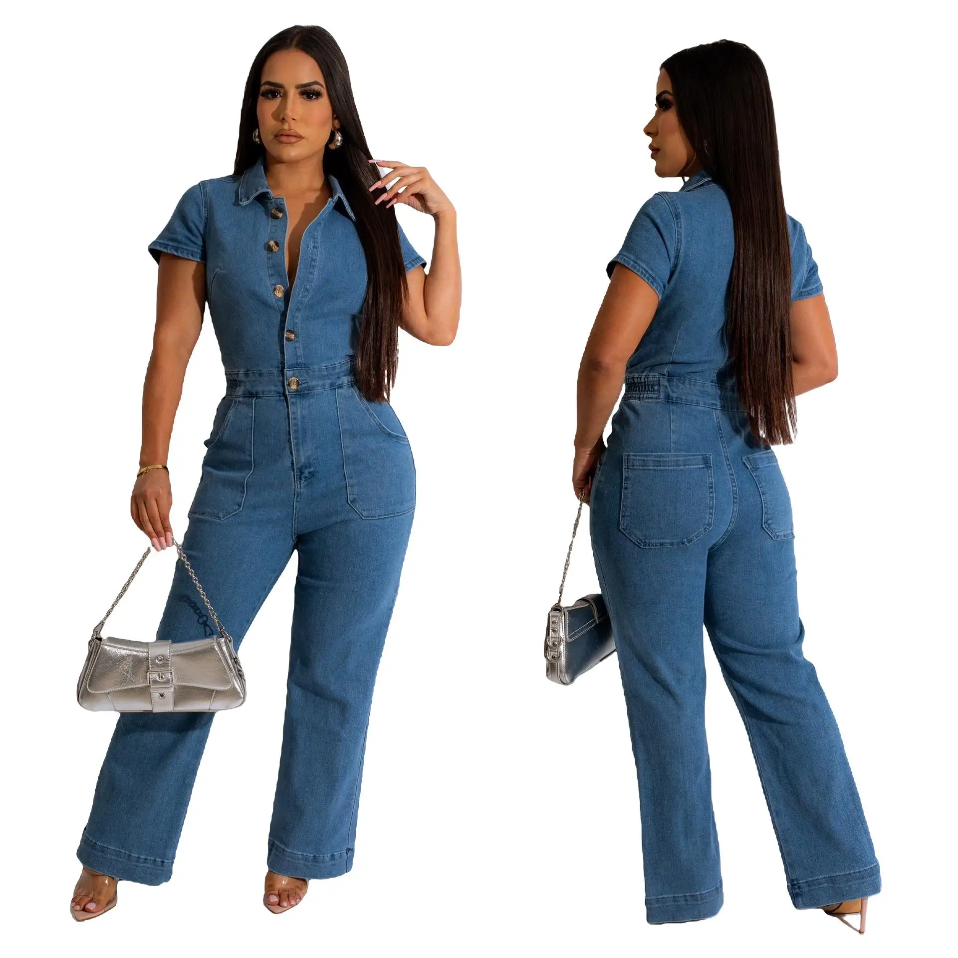 Tuta di jeans sexy Faionable Or Sve Pantaloni a gamba larga Abito da cowboy intero da donna in tessuto di cotone Pantaloni lunghi a vita media