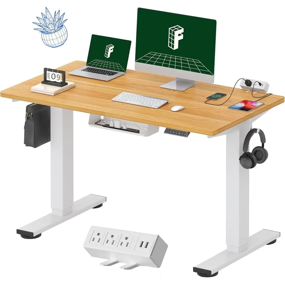 

Electric Height-Adjustable Standing Desk, 48 Maple Top with Clamp Power Strip and Cable Management