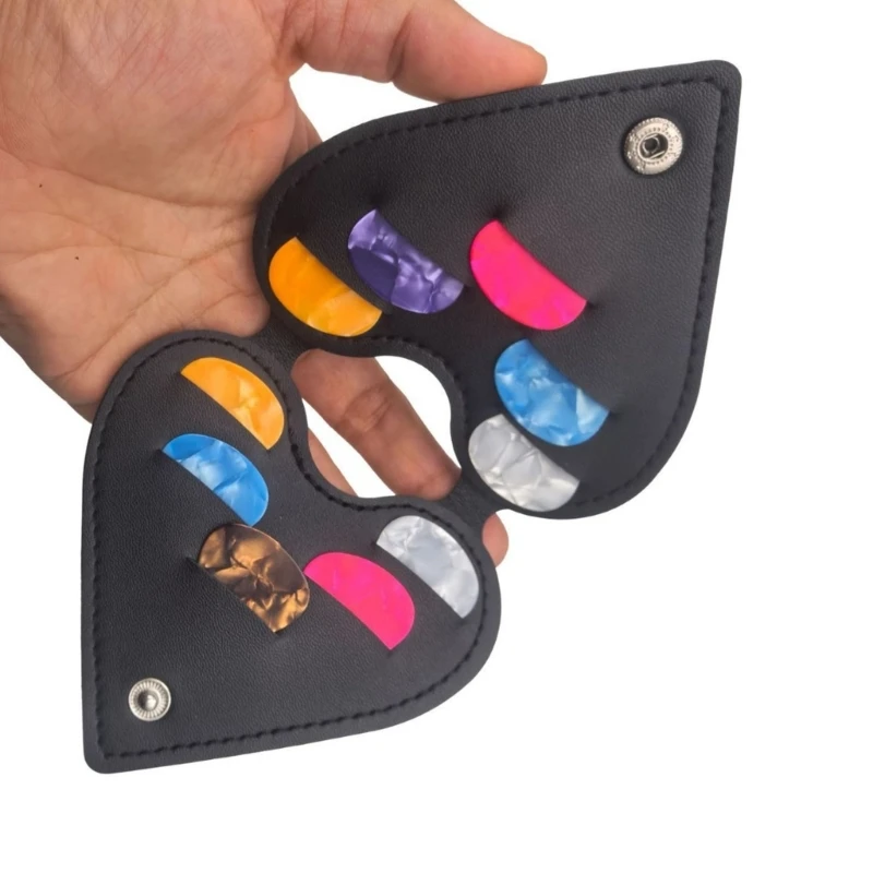 Heart Shaped Guitar Pick Case, PU Leather Holder with Closure and Stitched Edges for Keeping Multiple Picks Together 69HD