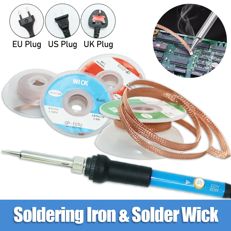 

Adjustable Temperature Electric Soldering Iron 60W and Desoldering Braid Copper Wire Solder Rosin Core Tin Welding flux for PCB