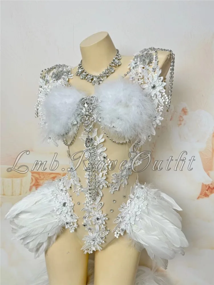 

New Sexy Luxury Full Diamond Sequin Fairy Dress Photo Shoot Electric Sound Feather Dresses For Woman