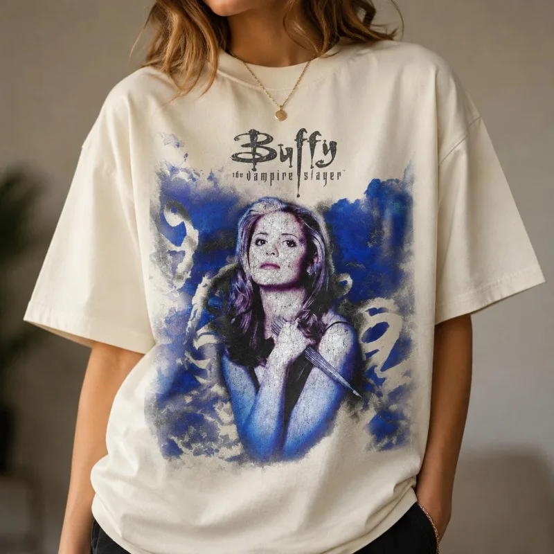 Vampire Hunter Buffy T-shirt: Sarah Michelle Galla 90s TV Drama Merchandise Women's T-shirt New Men's and Women's Retro T-shirt
