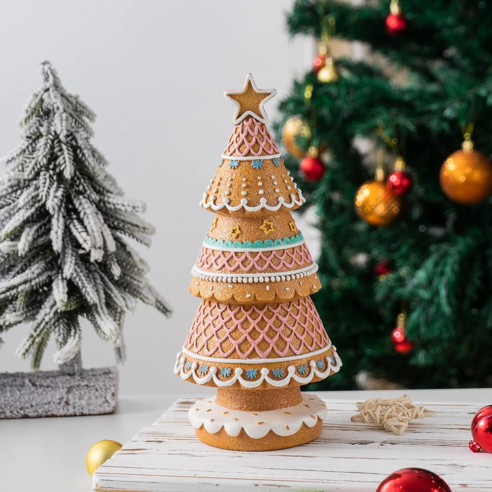 Mini Resin Christmas Tree Ornament Creative Gingerbread Christmas Tree Statue Desktop Crafts Home Christmas Scene Decor Gifts