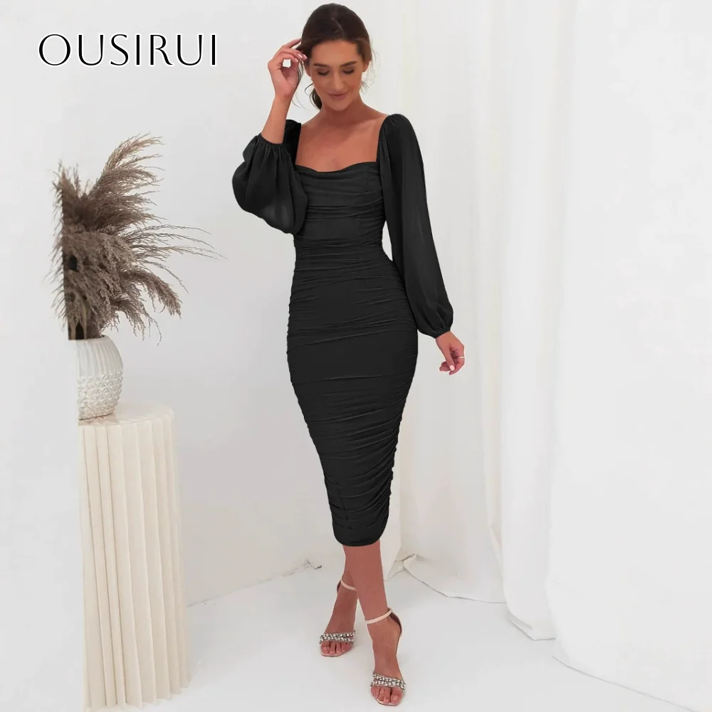 

Strapless Chiffon Sheath Short Cocktail Dresses Tea Length Long Sleeves Ruched Customized платье на выпускной