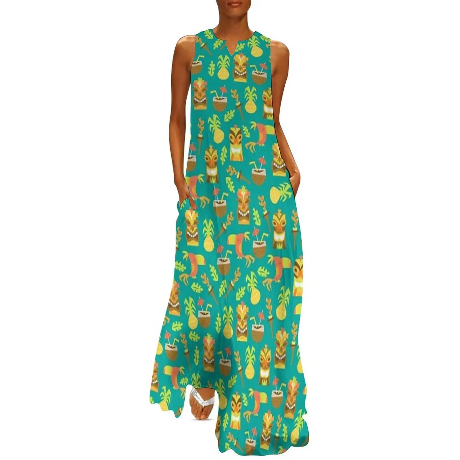 

Mid Century Modern MCM Polynesian Tiki Masks Hula Luau Teal Long Dress elegant dresses for women dress for women