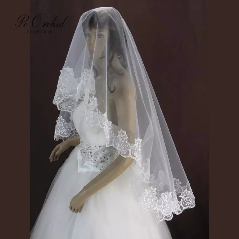 Peorchid Elegant Ivoor/Rode Lange Bridal Veils Kerk Kant Sluier Applique Edge 1.5 M Lange Ooff Witte Sluier Weding accessoires