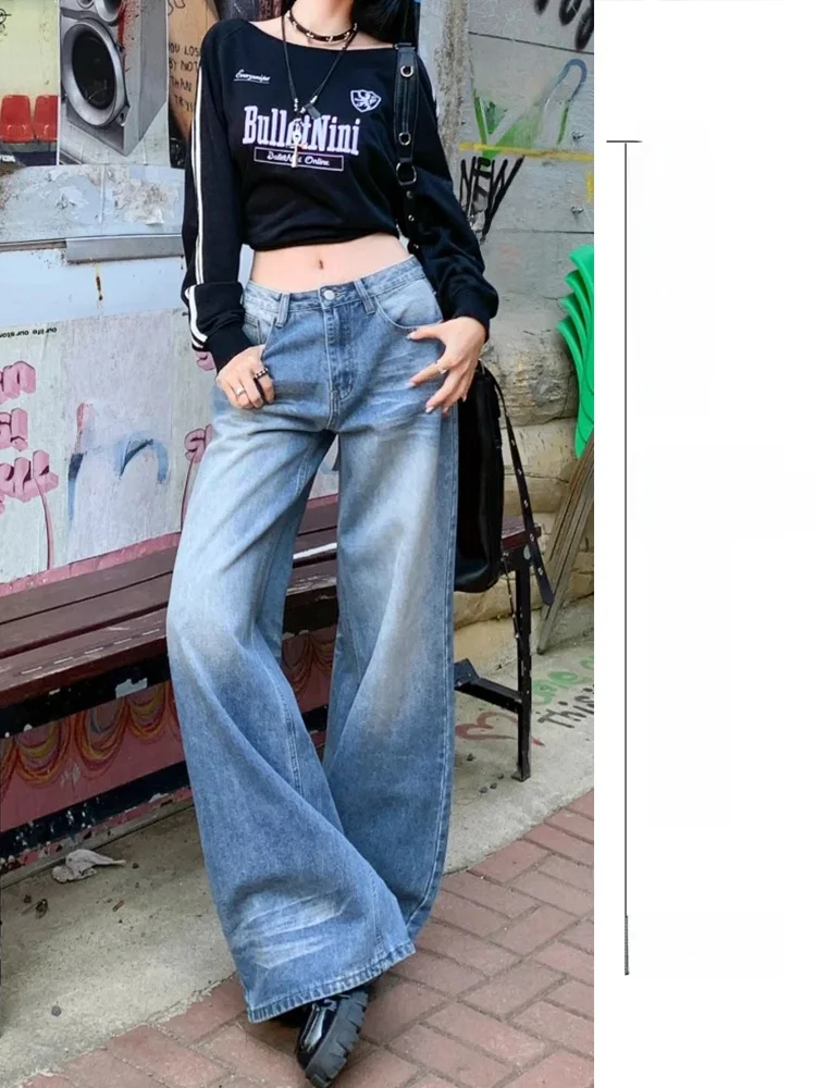 

High Waist Wide Leg Denim Jeans Women's Early Spring American Drape Long Floor-Length Straight Leg Pants Street Sle