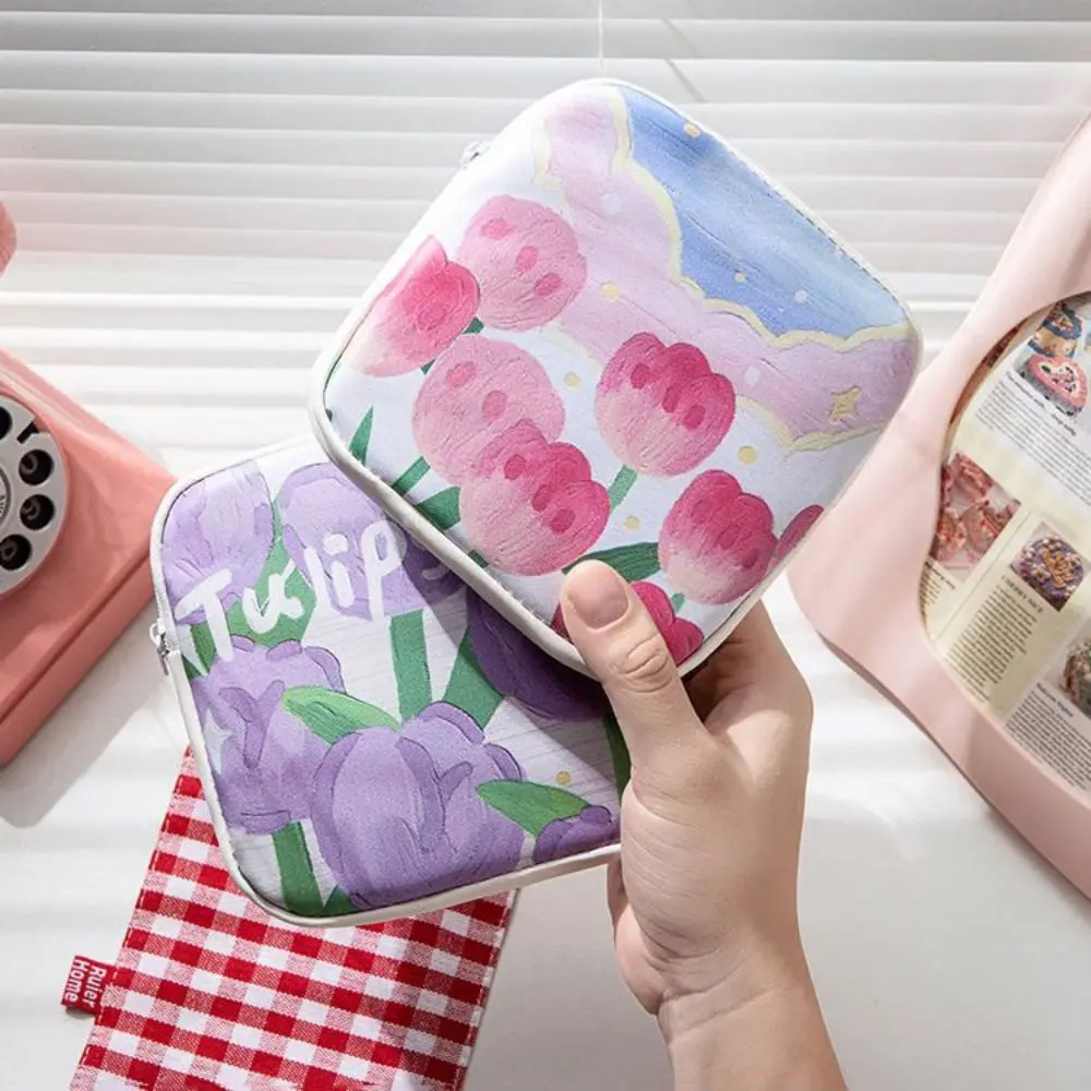 Korean Style Tulip Flower Storage Bag Small Item Bag Cloth Sanitary Napkin Storage Bag Coin Purse Data Cable Storage Bag