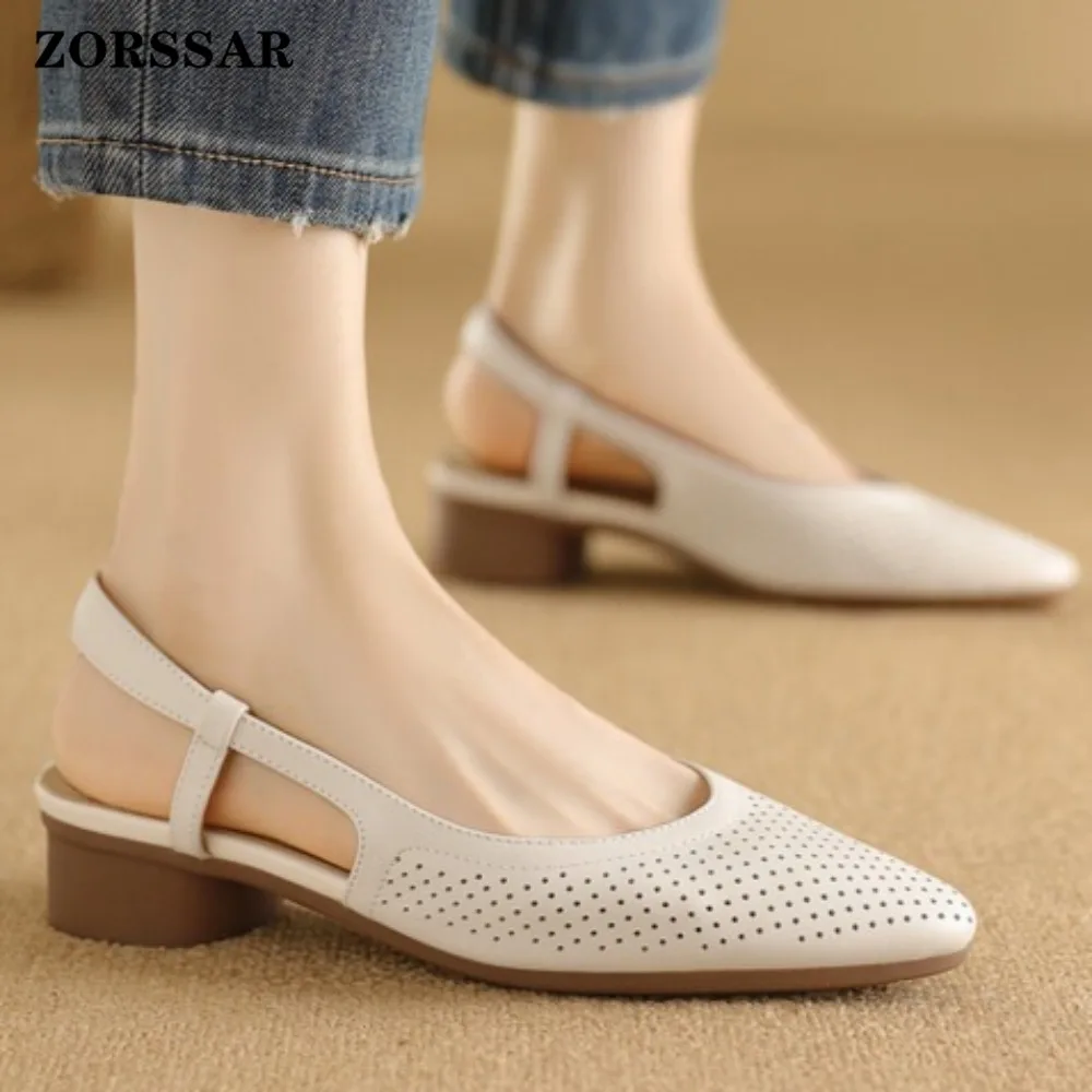 Women's Perforated Slingback Block Heel Sandals Pointed Toe Low Heel Open Back Shoe Breathable Casual Summer Footwear for Ladies