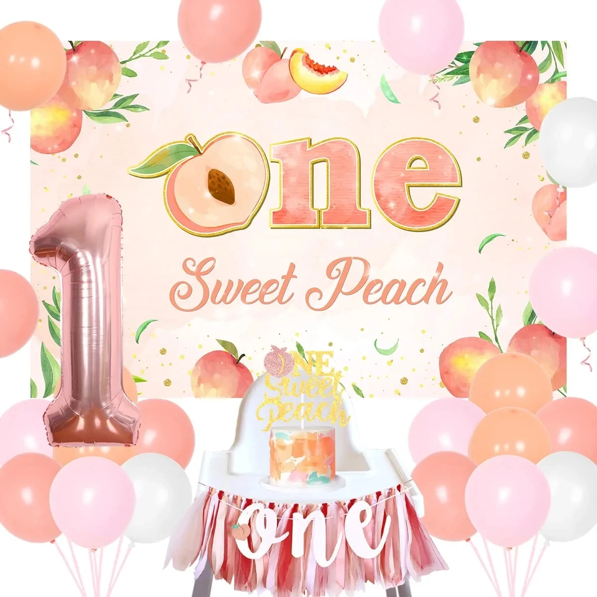 

JOYMEMO Peach 1st Birthday Decorations for Girls One Sweet Peach Backdrop Highchair Banner Number 1 Balloons First Bday Party