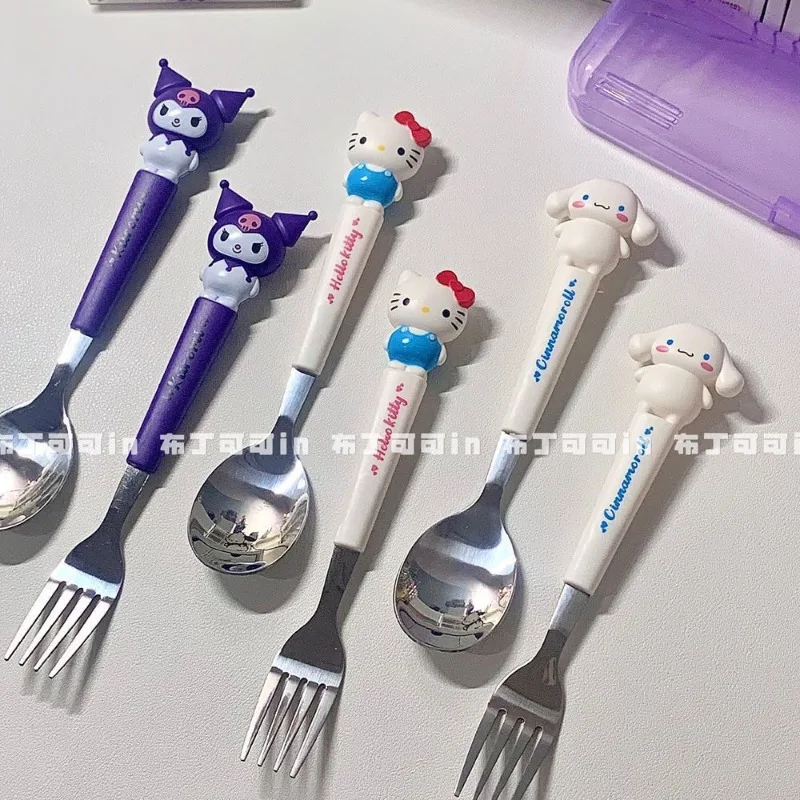 Sanrios Cartoon Kuromi MyMelody Hellokittys Anime Kawaii Student Bento 304 Stainless Steel Fork Spoon Tableware Combination Gift