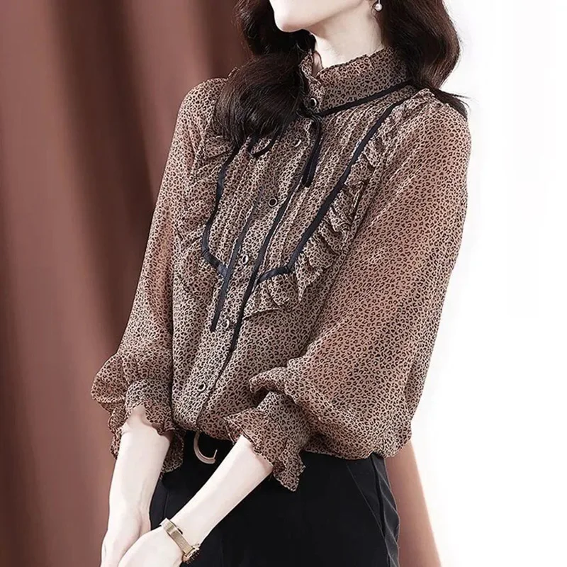 Fashion Chiffon Lace Up Ruches Luipaard Blouses 2022 Nieuwe Pendelen Tops Elegante Vrouwen Kleding Knop Lantaarn Mouwen