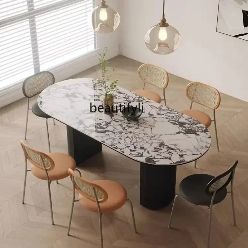 

French cream style dining table retro premium oval Italian dining table and chairs combination
