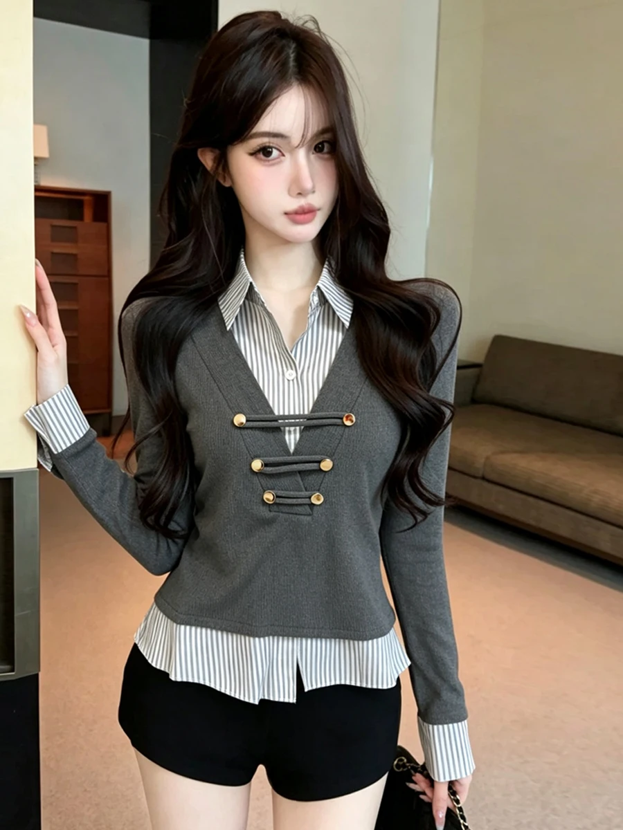 American Hot Girl Style Long Sleeve Collar Button Decorative Slimming High Waist Fake Two-Piece Color Block T-Shirt for Women