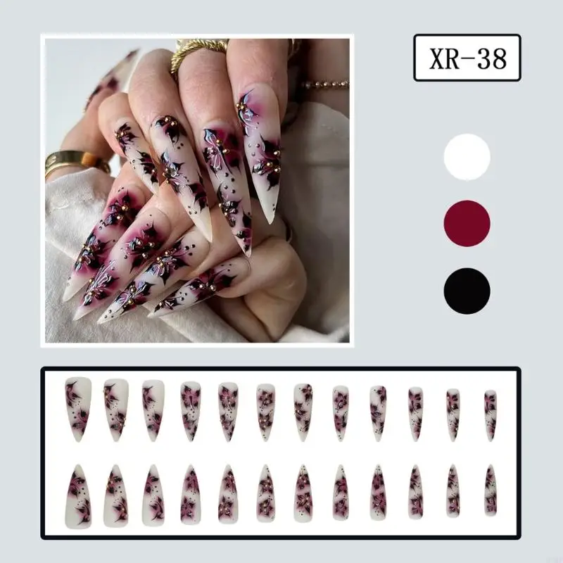 Prensa para unhas falsas amêndoa, 24 peças, unhas artificiais, cola para unhas, designs flores, pontas unhas francesas,