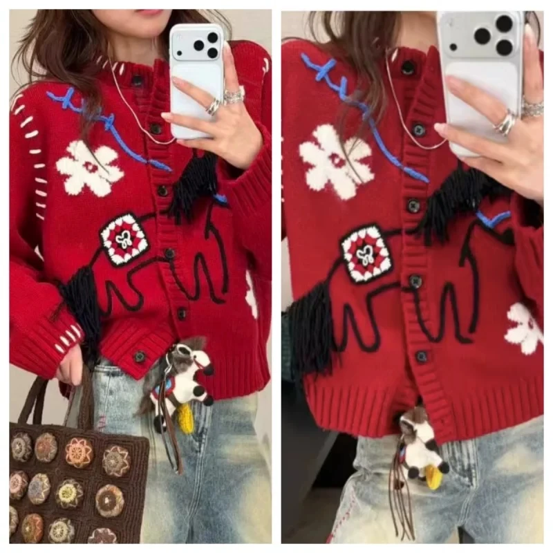 

Корейский свободный вязаный кардиган для женщин, красный свитер-пальто с бахромой, новогодний модный топ на пуговицах, круглый вырез, длинный рукав