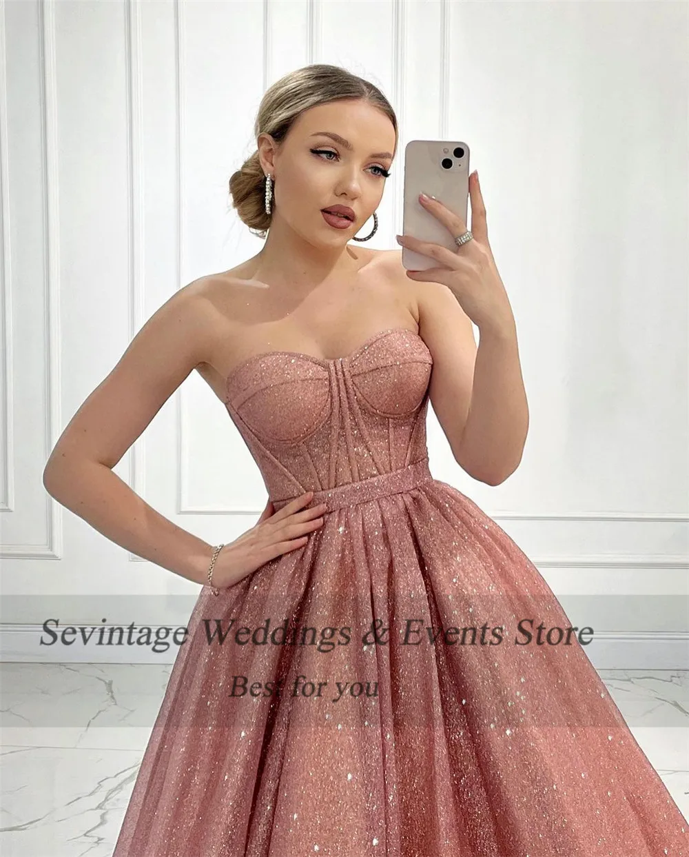 Sevintage Pink Glitter Pailletten Ballkleid A-Linie träger los taillierte Knochen Prinzessin Abendkleid boden lange Frauen Party kleid