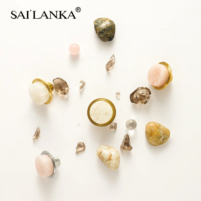 

SAILANKA Natural Green Marble Brass Furniture Knob with Plate Cupboard Wardrobe Dresser Shoe Box Drawer Cabinet PVD Handles