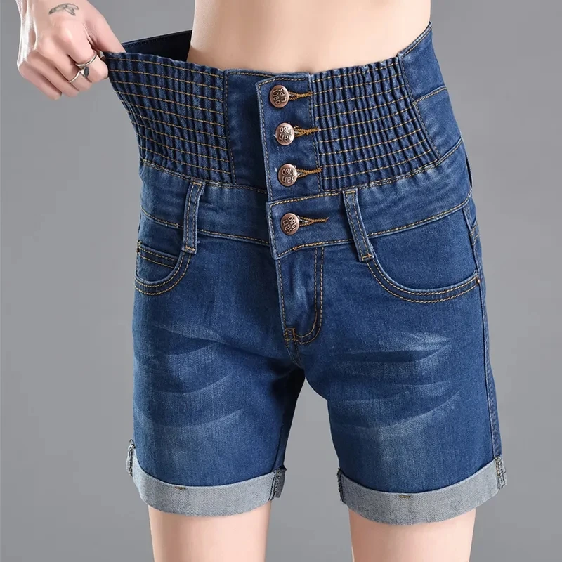 2024 novas mulheres plus size jeans shorts mulheres cintura alta diretamente estiramento cintura azul denim shorts feminino verão senhora shorts