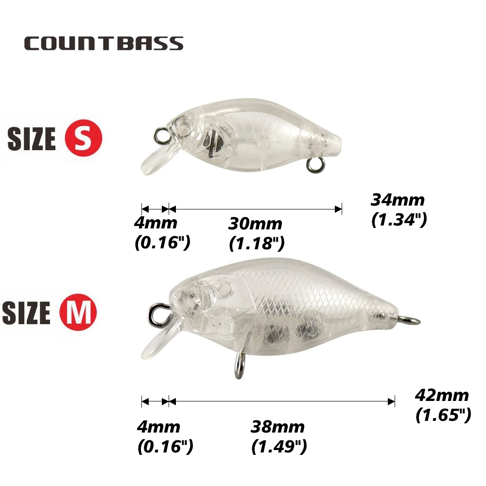 Countbass 10 peças iscas duras em branco 30mm/1.2 "1.8g/0.06oz, 38mm/1.5" 3.6g/0.13oz, iscas de pesca flutuantes sem pintura, crankbait