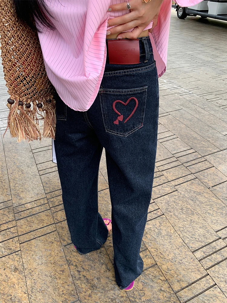 

Свободные джинсы с высокой талией и вышивкой для женщин, весна 2024, повседневные женские джинсы премиум-класса с водной талией, глубокие цвета