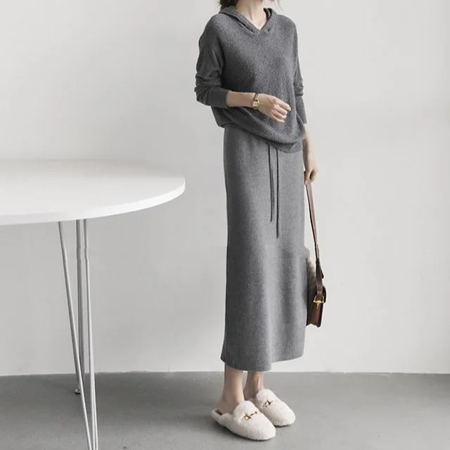 

7947 Spring Elegant Lazy Wool Blend Solid Color Lace-Up Elastic Waist Midi Straight Flattering Long Skirt For Women