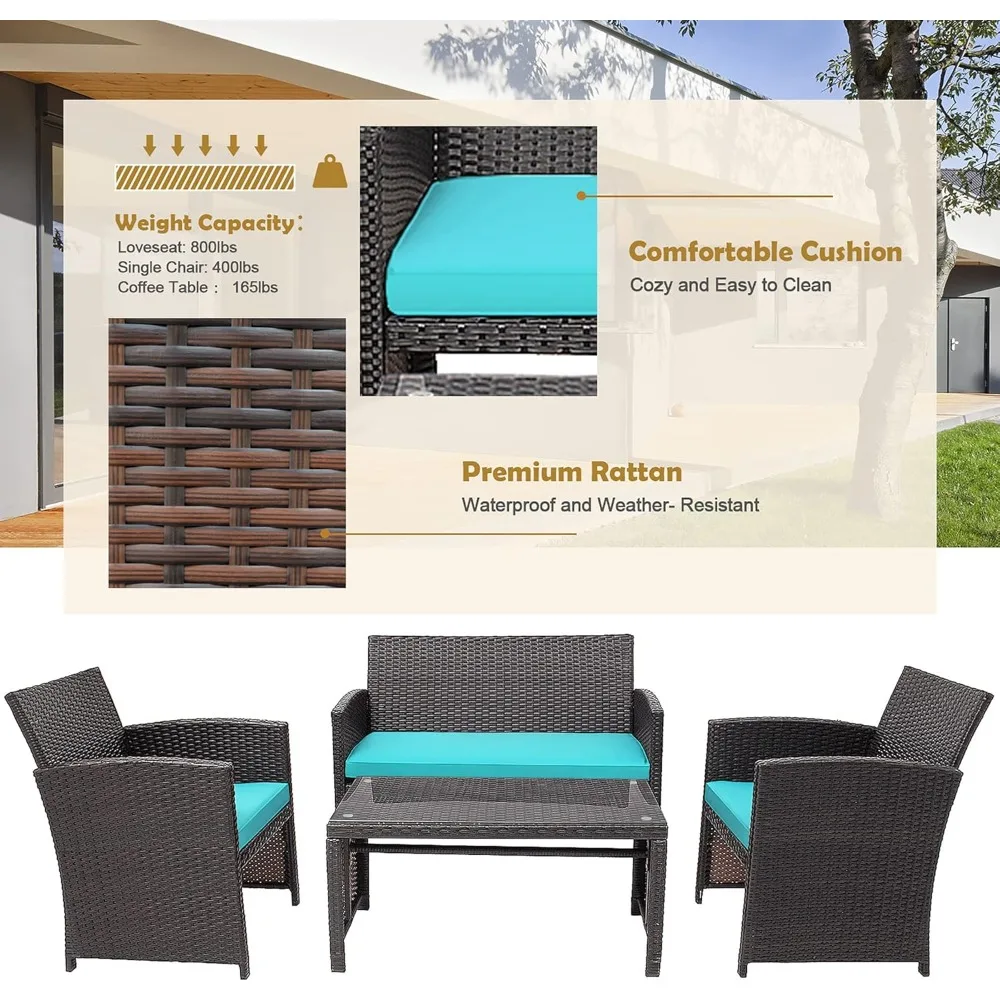 4 Pieces Wicker Patio Furniture Set, Outdoor PE Rattan Conversation Set with Chairs,Loveseat, Coffee Table,Cushions for Poolside