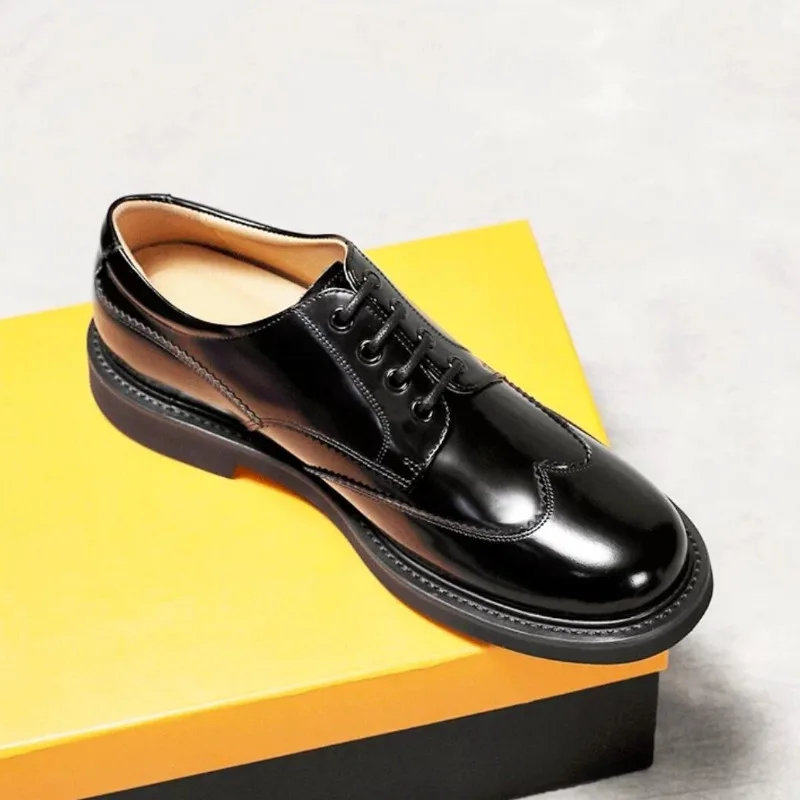 Trendy Men Black Genuine Leather Brogue Derby Shoes Lace‑Up British Style Formal Casual Business Party Dress Wedding Shoes