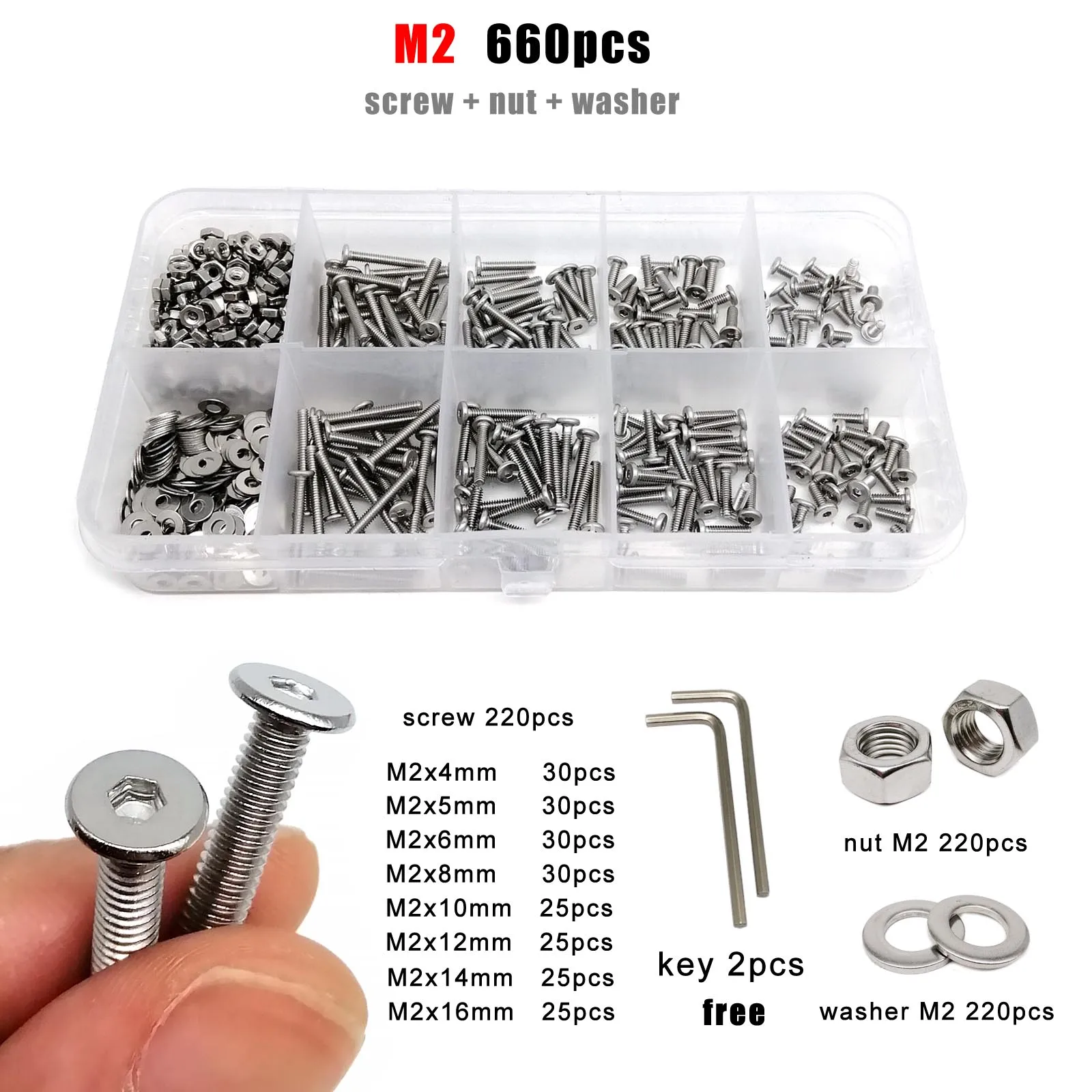 M1.6 M2 M2.5 M3 M4 M5 M6 M8 304 Stainless Steel CM Allen Hex Socket Ultra Thin Flat Wafer Head Screw Bolt Nut Washer Set Kit Box