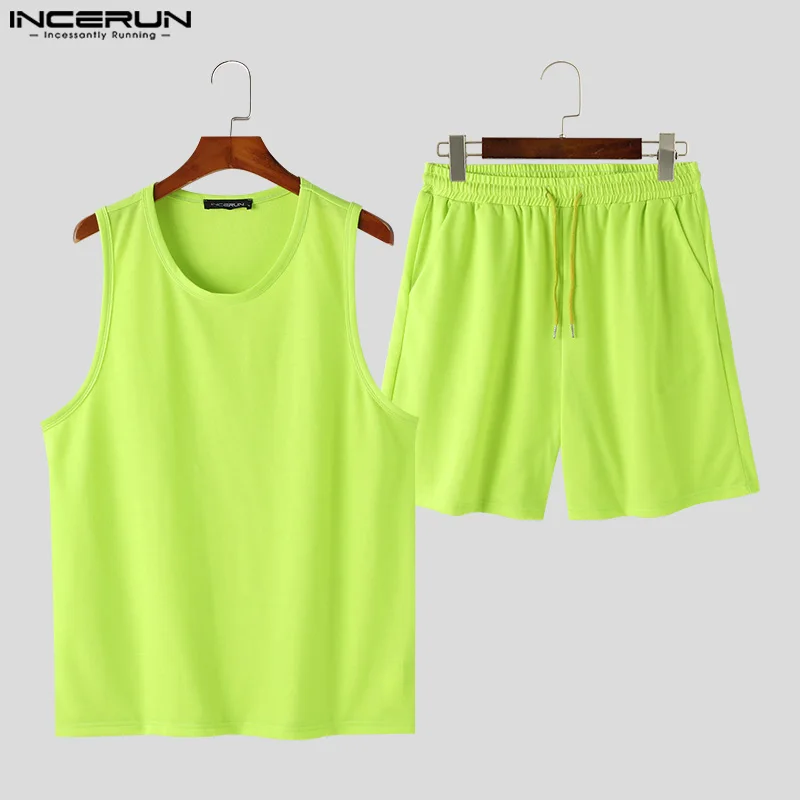 INCERUN 2024 Korean Style Sets Fashion New Men Sleeveless Tank Tops Shorts Male Casual Simple Solid Knitted Two Piece Sets S-5XL