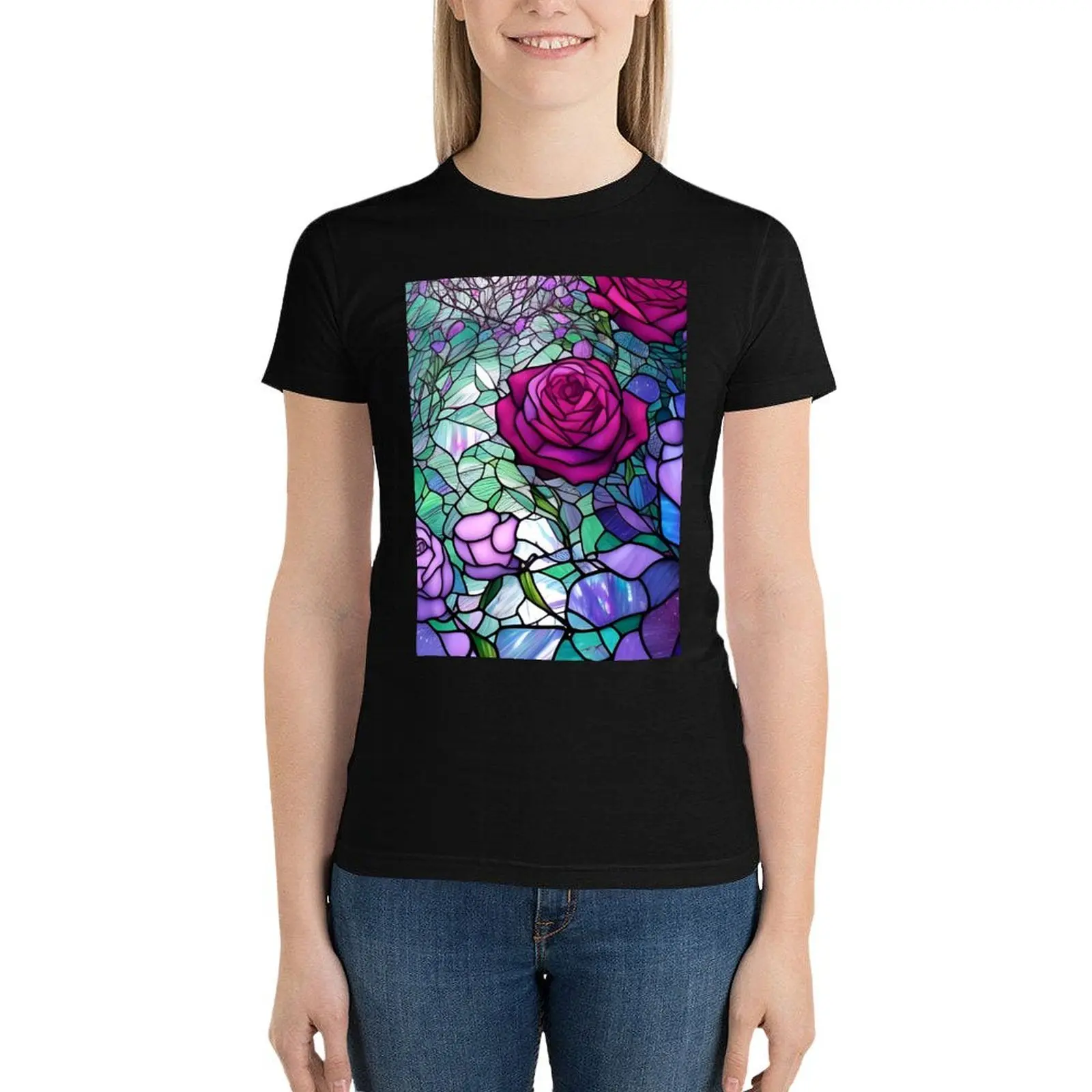 Stained Glass Roses T-Shirt summer clothes tees vintage clothes Blouse western t shirts for Women