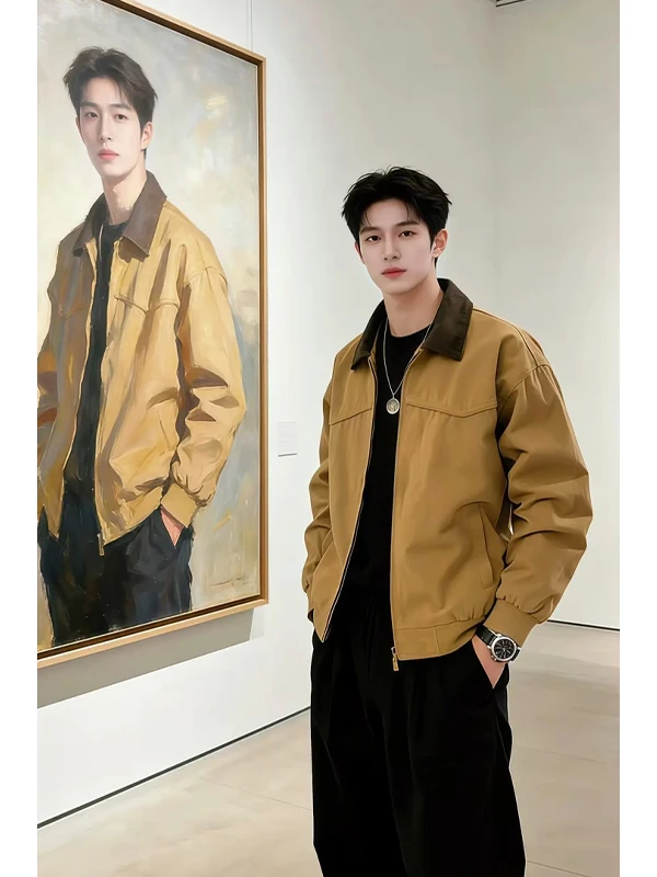 

Barn Sle Men's Workwear Jaet Spring CleanFit Retro Cool Baseball Coat Long Sve Loose Fit Windproof Zipper Closure