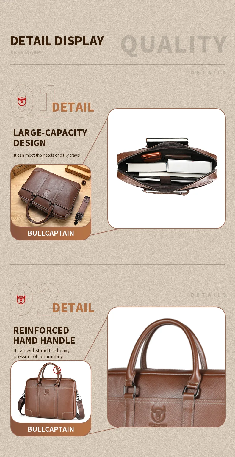 BULLCAPTAIN Echtleder Herren Aktentasche Business Handtasche Echtes Rindsleder Laptop-Tasche Casual Schulter-Umhängetasche für Männer – Detail 11