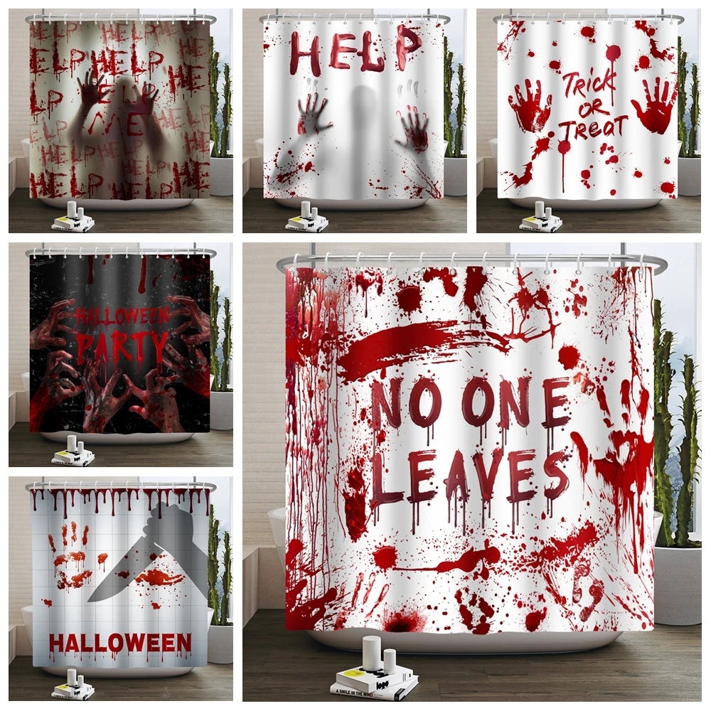 Halloween Horror Blood Handprint Shower Curtain Set Scary Bloody Splatter HELP Trick Or Treat No One Leaves Halloween Party Knif