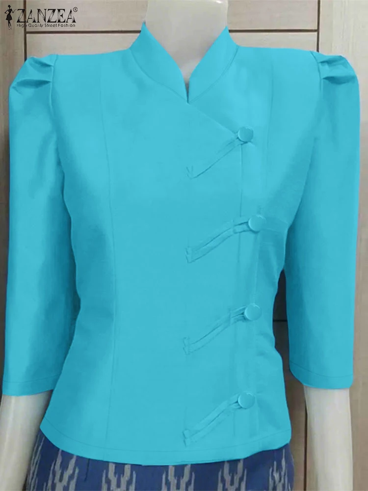 

ZANZEA женские повседневные атласные рубашки винтажные с воротником-стойкой асимметричные спереди с рукавами три четверти сорочка Femme осенние модные топы