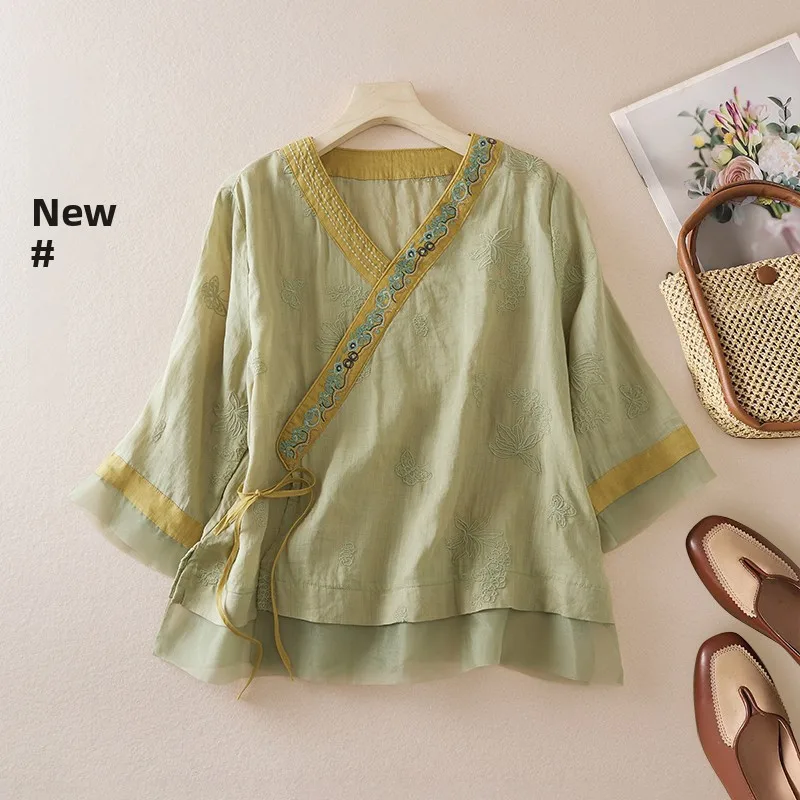 Retro Chinese Cotton Linen Embroidered irt Women Summer Ogeen Splicing Oblique Sve Tea Costume Top Straight Cut Regular ...