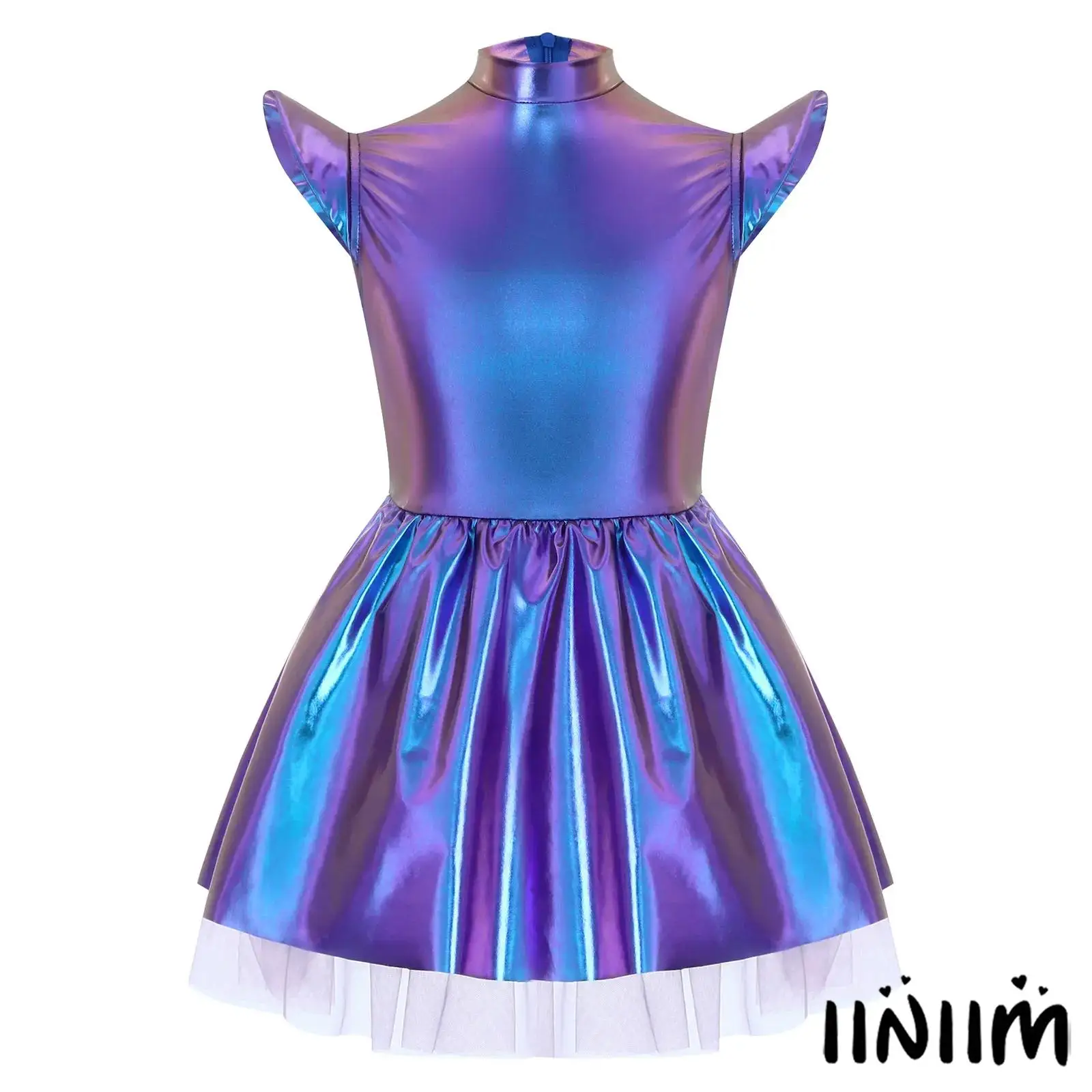 

Kids Girls Space Alien Tutu Dress with Iridescent Glossy Fabric And Flying Sleeve Design Back Invisible Zipper Ruffled Dress