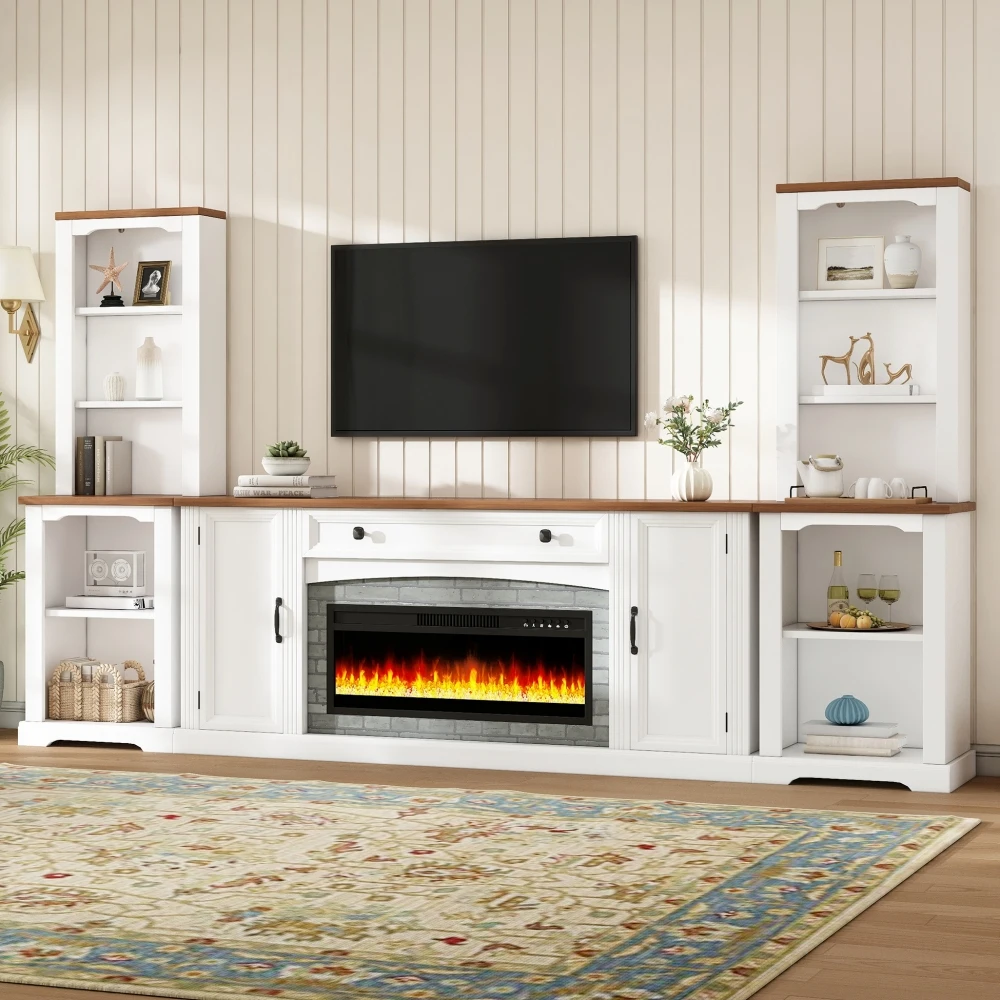 

Walnut & White 3-Piece Entertainment Center with Mantel Electric Fireplace Heater for 70" TVs Farmhouse Stand with Storage