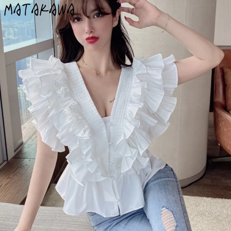 Matakawa Ruffles V Neckl camicie e camicette donna top Solid primavera estate Vintage Blusas Mujer moda coreana elegante Camisas