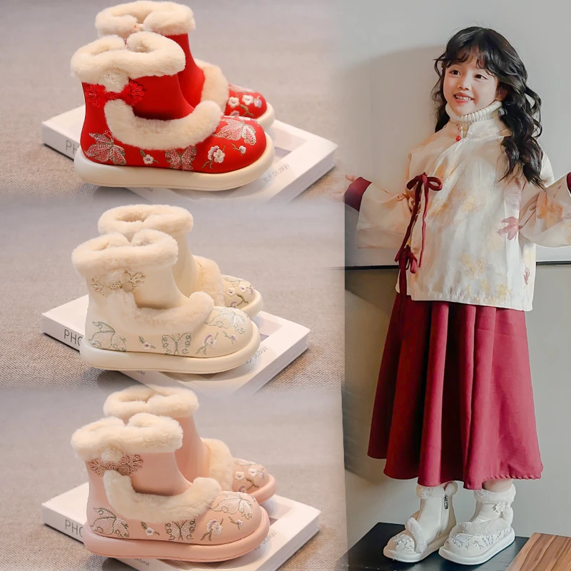 

2025 New Kid Snow Boot Winter Girl Ethnic Cotton Shoe High Top Plush Princess Boot New Year Hanfu Shoe Kid Shoe Antique Shoes