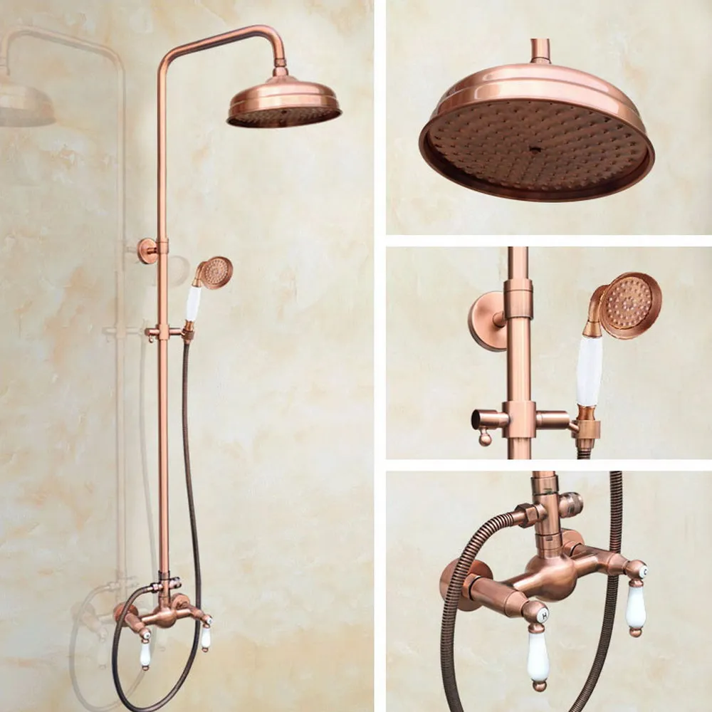 

Antique Red Copper Bathroom Shower Faucet Wall Mounted W/ Hand Shower Set Cold and Hot Water Mixer Tap Brg584