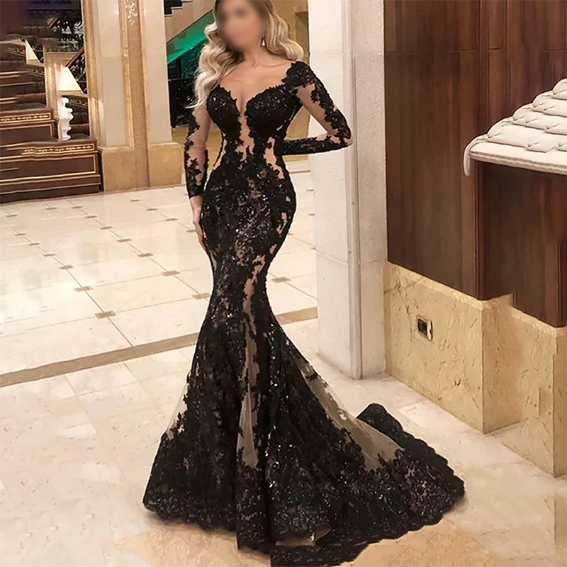 Sexy 2024 preto rendas apliques sereia vestidos de noite feminino encantador decote em v manga longa até o chão formal festa de formatura vestidos