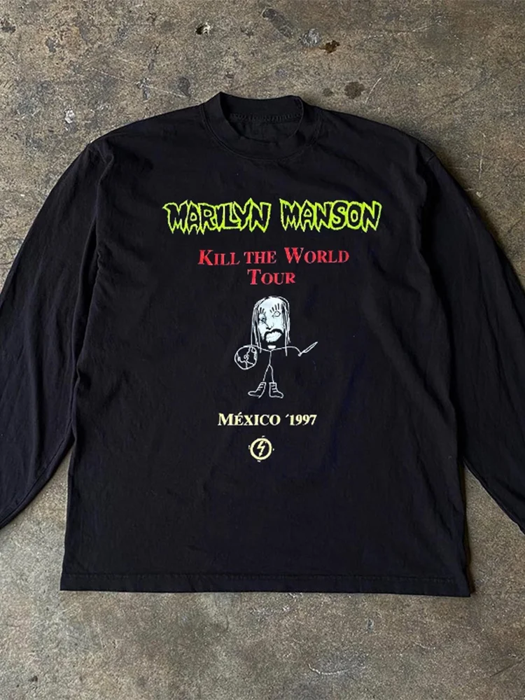 Marilyn Manson Street Art Graffiti Long Sleeve T-Shirt Vintage Retro Lazy Style Unisex Cotton Crew Neck Tee for Youth And Teens